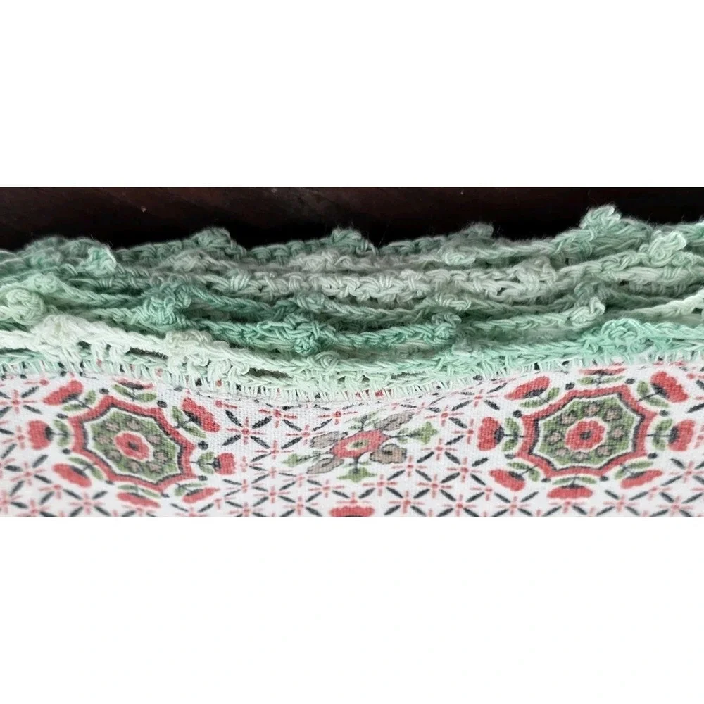 VTG Tablecloth Table Topper Square Card Table Red Mint Green Crochet Cottage 35